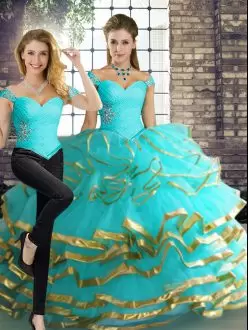 Aqua Blue Two Pieces Beading and Ruffled Layers Vestidos de Quinceanera Lace Up Tulle Sleeveless Floor Length