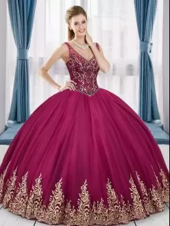 Maroon Deep V-neck 15th Birthday Quince Dress with Straps and Gold Embroidery