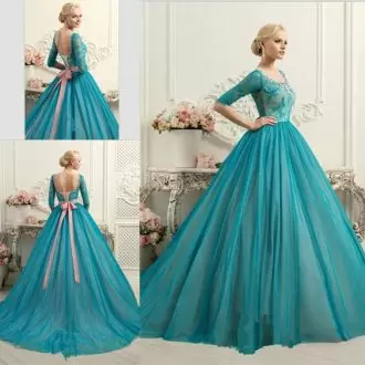 Teal Half Sleeves With Train Beading and Bowknot Backless Sweet 16 Dress Square