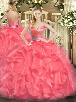 Ball Gowns 15th Birthday Dress Coral Red V-neck Tulle Sleeveless Floor Length Zipper