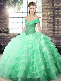Exceptional Apple Green Ball Gowns Organza Off The Shoulder Sleeveless Beading and Ruffled Layers Lace Up 15 Quinceanera Dress Brush Train