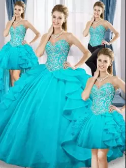 Lovely Aqua Blue Quince Ball Gowns Military Ball and Sweet 16 and Quinceanera with Beading and Ruffles Sweetheart Sleeveless Lace Up