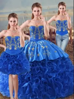 Latest Royal Blue Ball Gowns Fabric With Rolling Flowers Sweetheart Sleeveless Embroidery and Ruffles Floor Length Lace Up Quinceanera Dress