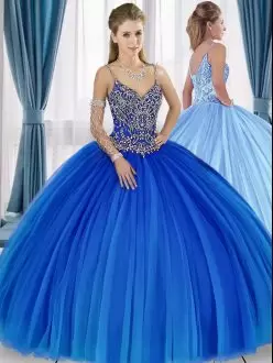 Custom Made Floor Length Ball Gowns Sleeveless Blue Quinceanera Gowns Lace Up