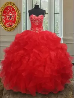Flare Red Lace Up Sweetheart Beading and Ruffles Quinceanera Gown Organza Sleeveless