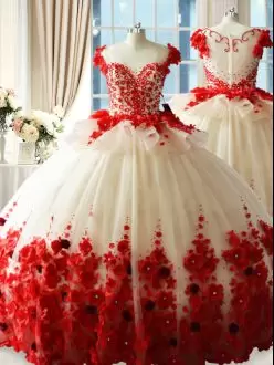 Custom Designed White And Red Zipper Scoop Hand Made Flower Sweet 16 Dress Tulle Sleeveless Brush Train