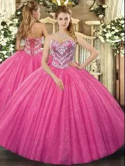 Floor Length Ball Gowns Sleeveless Hot Pink Quinceanera Dress Lace Up