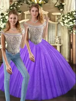Lovely Eggplant Purple Two Pieces Tulle Bateau Sleeveless Beading Floor Length Lace Up 15 Quinceanera Dress
