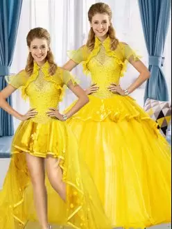 Latest Yellow Ball Gowns Tulle Halter Top Sleeveless Beading Floor Length Lace Up Sweet 16 Dress