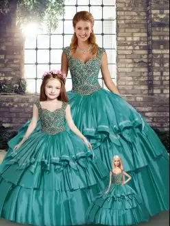 Clearance Teal Straps Neckline Beading and Ruffled Layers Quinceanera Dress Sleeveless Lace Up