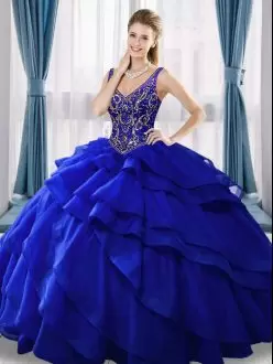 Cheap Royal Blue V-neck Ruffled Sweet 16 Quinceanera Dress with Straps