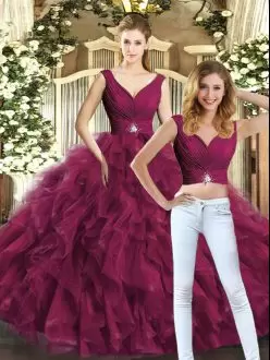 Sexy V-neck Sleeveless Backless Sweet 16 Quinceanera Dress Burgundy Tulle Beading and Ruffles
