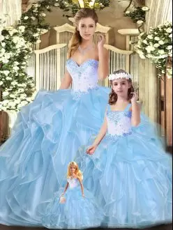 Sleeveless Organza Floor Length Lace Up Sweet 16 Quinceanera Dress in Blue with Beading and Ruffles