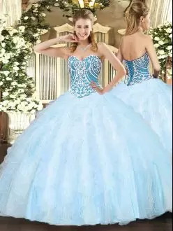 Light Blue Ball Gowns Beading and Ruffles Sweet 16 Dress Lace Up Tulle Sleeveless Floor Length