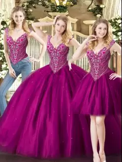 Attractive Fuchsia Sleeveless Tulle Lace Up Sweet 16 Dresses for Military Ball and Sweet 16 and Quinceanera