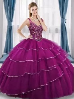 Admirable Fuchsia Ball Gowns V-neck Sleeveless Tulle Floor Length Lace Up Beading and Ruffled Layers Sweet 16 Quinceanera Dress