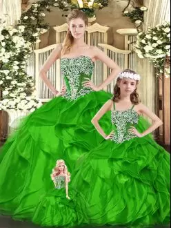 Green Sleeveless Floor Length Beading and Ruffles Lace Up Ball Gown Prom Dress Strapless