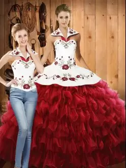 Beauteous Red Lace Up Halter Top Embroidery and Ruffled Layers Sweet 16 Dress Organza Sleeveless