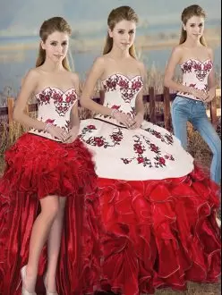 Dynamic White And Red Lace Up Sweetheart Embroidery and Ruffles and Bowknot Quinceanera Gown Organza Sleeveless