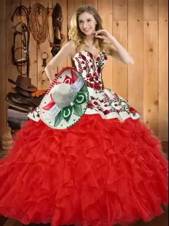 Glamorous Red Ball Gowns Sweetheart Sleeveless Tulle Floor Length Lace Up Embroidery and Ruffles Quinceanera Dresses