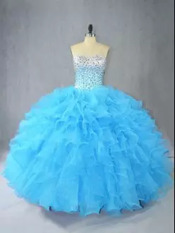 Noble Organza Sweetheart Sleeveless Lace Up Beading and Ruffles Quinceanera Gown in Aqua Blue