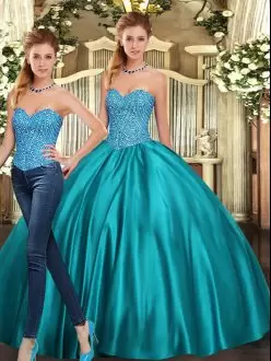 Sleeveless Tulle Floor Length Lace Up Quinceanera Gown in Teal with Beading