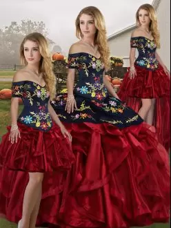 Gorgeous Red And Black Ball Gowns Off The Shoulder Sleeveless Organza Floor Length Lace Up Embroidery and Ruffles Vestidos de Quinceanera