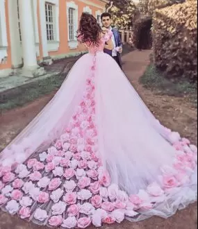 New Arrival Pink Lace Up Quinceanera Dress Hand Made Flower Sleeveless With Train Chapel Train