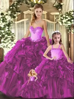 Most Popular Fuchsia Sweetheart Lace Up Ruffles Quinceanera Gowns Sleeveless