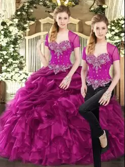 Sweetheart Sleeveless Lace Up Ball Gown Prom Dress Fuchsia Organza Beading and Ruffles and Pick Ups