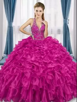 Extravagant Fuchsia Ball Gowns Organza V-neck Sleeveless Beading and Ruffles Floor Length Lace Up 15 Quinceanera Dress