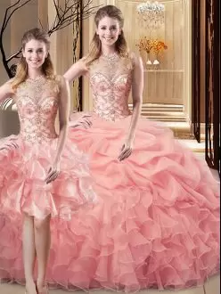Sleeveless Scoop Lace Up Floor Length Beading and Ruffles Ball Gown Prom Dress Scoop