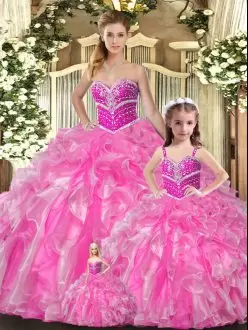 Sweetheart Sleeveless Lace Up Quinceanera Dress Rose Pink Organza Beading and Ruffles