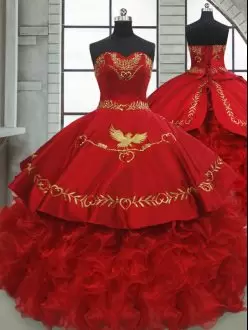 Sweetheart Sleeveless Sweet 16 Dress Brush Train Beading and Embroidery and Ruffles Wine Red Satin and Organza