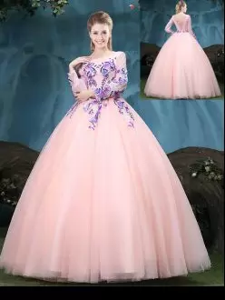 Floor Length Baby Pink Sweet 16 Dresses Tulle Long Sleeves Appliques