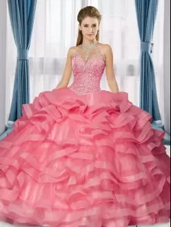 Watermelon Red Sleeveless Floor Length Beading and Ruffles Lace Up Quinceanera Dress High-neck