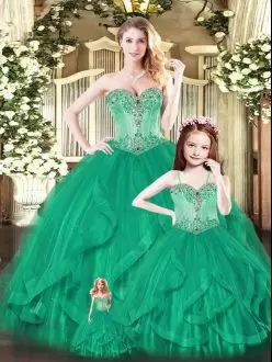 Dazzling Green Tulle Lace Up Sweet 16 Dress Sleeveless Floor Length Beading and Ruffles