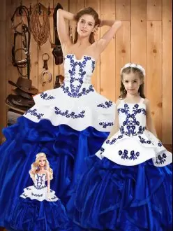 Floor Length Blue Sweet 16 Quinceanera Dress Organza Sleeveless Embroidery and Ruffles