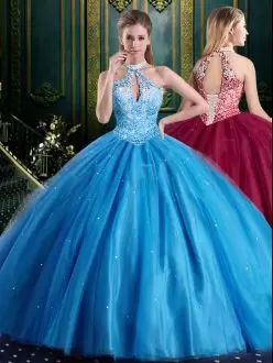 Modern Baby Blue Quinceanera Dress Military Ball and Sweet 16 and Quinceanera with Beading and Lace and Appliques High-neck Sleeveless Lace Up