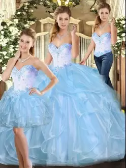 Blue Sleeveless Beading and Ruffles Floor Length Quince Ball Gowns