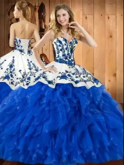 Sweetheart Sleeveless Lace Up Quinceanera Gowns Blue Tulle Embroidery and Ruffles
