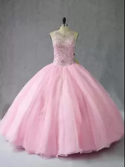 Pink Organza Illusion neck sleeveless keyhole back Quinceanera Gown