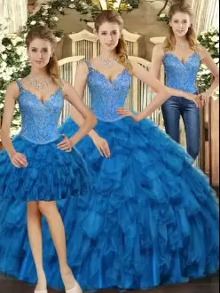 Teal Sleeveless Beading and Ruffles Floor Length Sweet 16 Quinceanera Dress