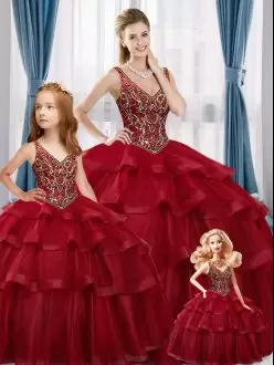 Red Sleeveless Tulle Lace Up Quinceanera Dress for Military Ball and Sweet 16 and Quinceanera