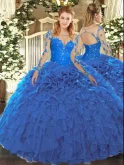 Scoop Long Sleeves Organza Ball Gown Prom Dress Lace and Ruffles Lace Up