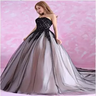 Pink And Black Quince Ball Gowns Military Ball and Sweet 16 and Quinceanera with Appliques Sweetheart Sleeveless Brush Train Lace Up