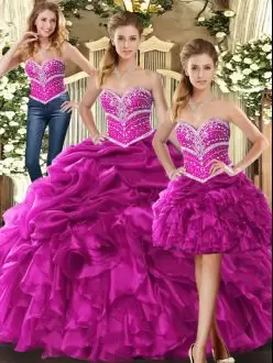 Great Fuchsia Lace Up 15 Quinceanera Dress Beading and Ruffles Sleeveless Floor Length