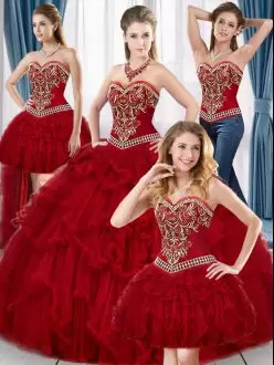 Flare Red Ball Gowns Beading and Ruffles Ball Gown Prom Dress Lace Up Tulle Sleeveless Floor Length