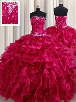 Fuchsia Sleeveless Beading and Ruffles Floor Length Ball Gown Prom Dress