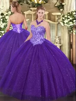 Clearance Purple Sleeveless Floor Length Beading Lace Up Sweet 16 Dress Sweetheart